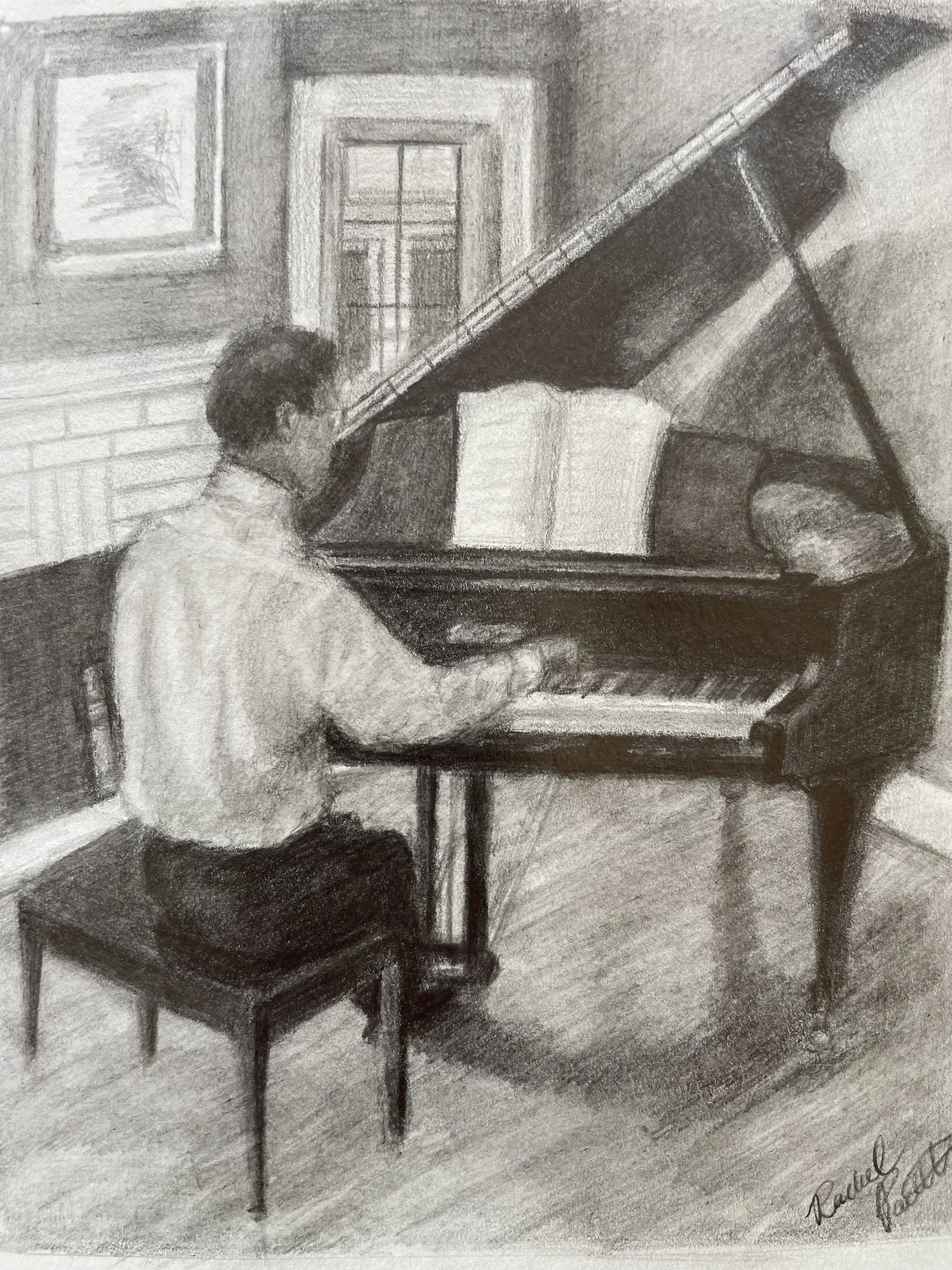 sketch of nicholas watts playing the piano